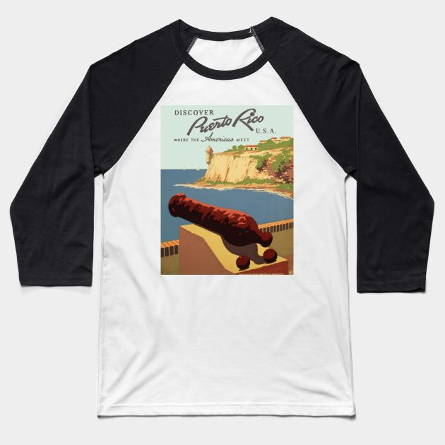 Vintage Travel Poster, Discover Puerto Rico! Baseball T-Shirt by MasterpieceCafe
